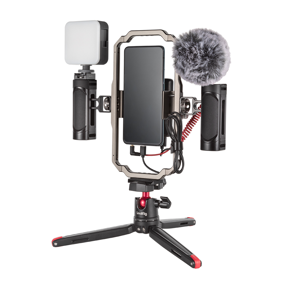 3384 SmallRig Universal Video Rig for iPhone for Vlogging & Live Streaming Phone Stabilizer Rig w/ LED Light Side Handle Microphone Power Bank Holderm 
